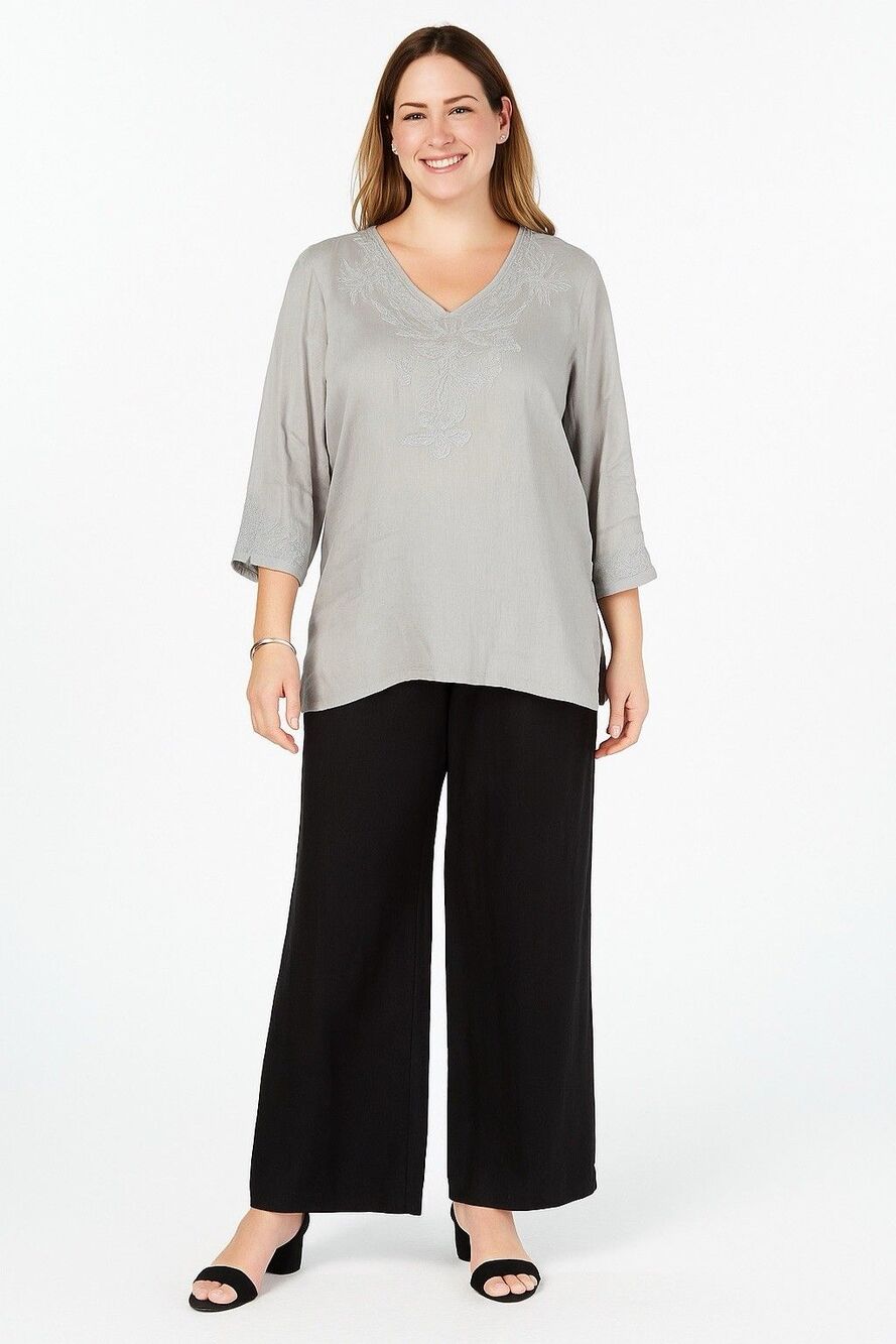 Linen Charter Club Blouse Tunic Top Gray Embroidered V Neck 3/4 Sleeve Boho XL